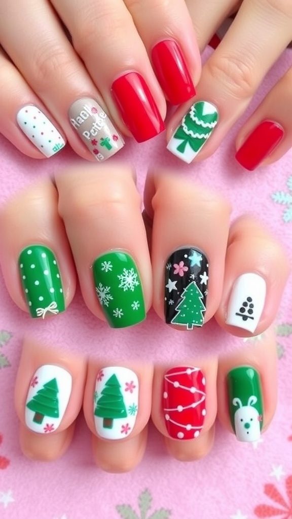 Short Christmas nails with festive designs in red, green, and white, featuring snowflakes and Christmas trees.